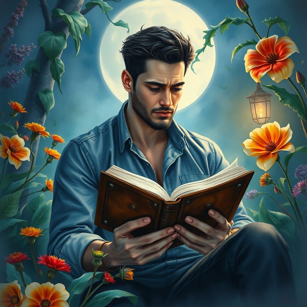 Mystical Gentleman Reads in Moonlit Garden