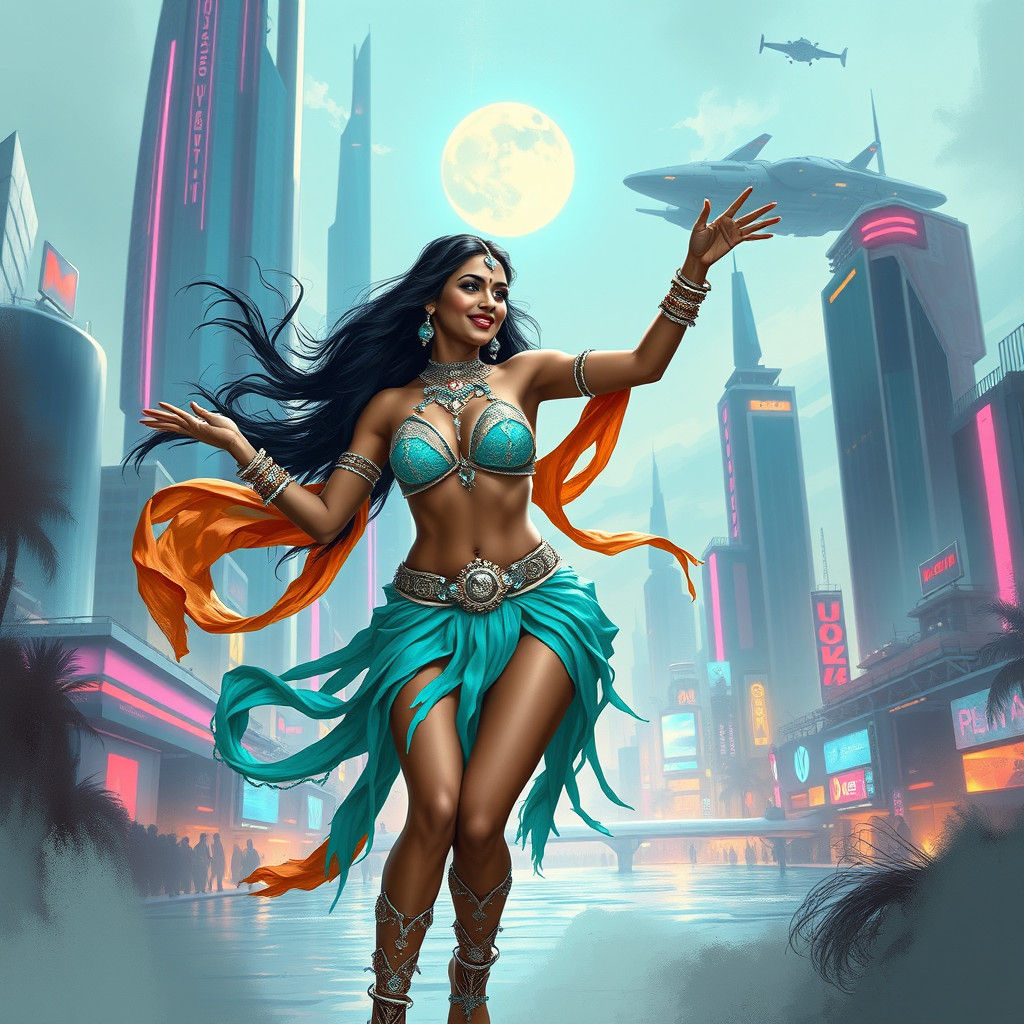 Futuristic Indian Woman Dancing in Neon Cityscape