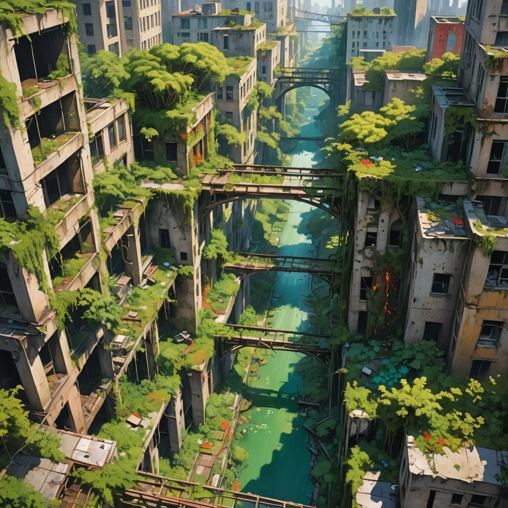 Nature Reclaims Ruins in Vibrant Post-Apocalyptic Landscape