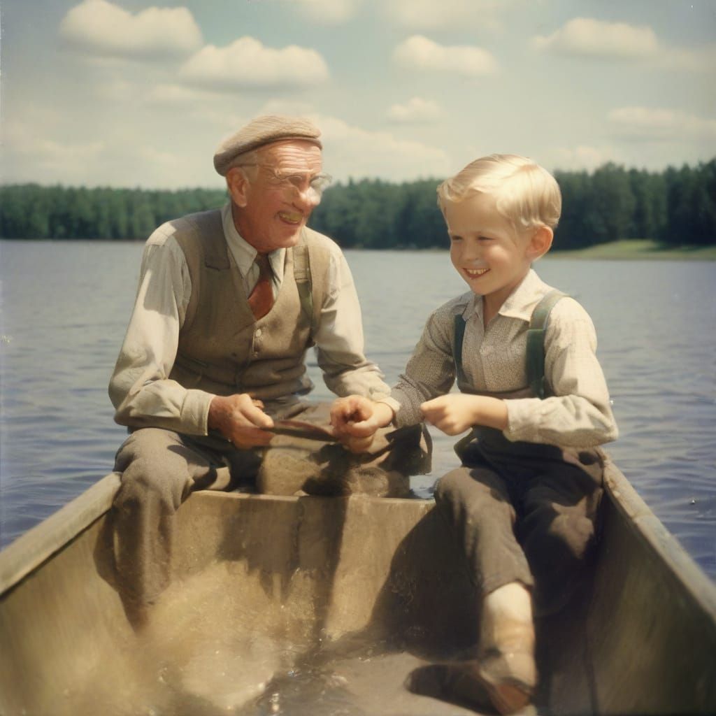 Vintage Photo of Boy Fishing with Grandfather