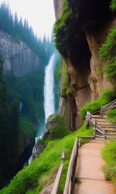 Mountain Hiking Trail with Waterfalls: Romantic Landscape