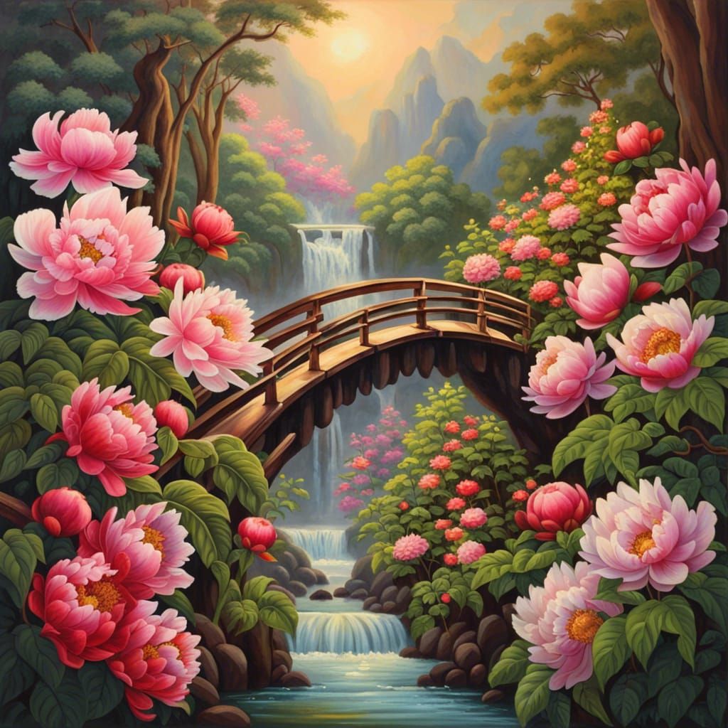 Lush Tropical Forest: Oil Painting of Japanese Bridge