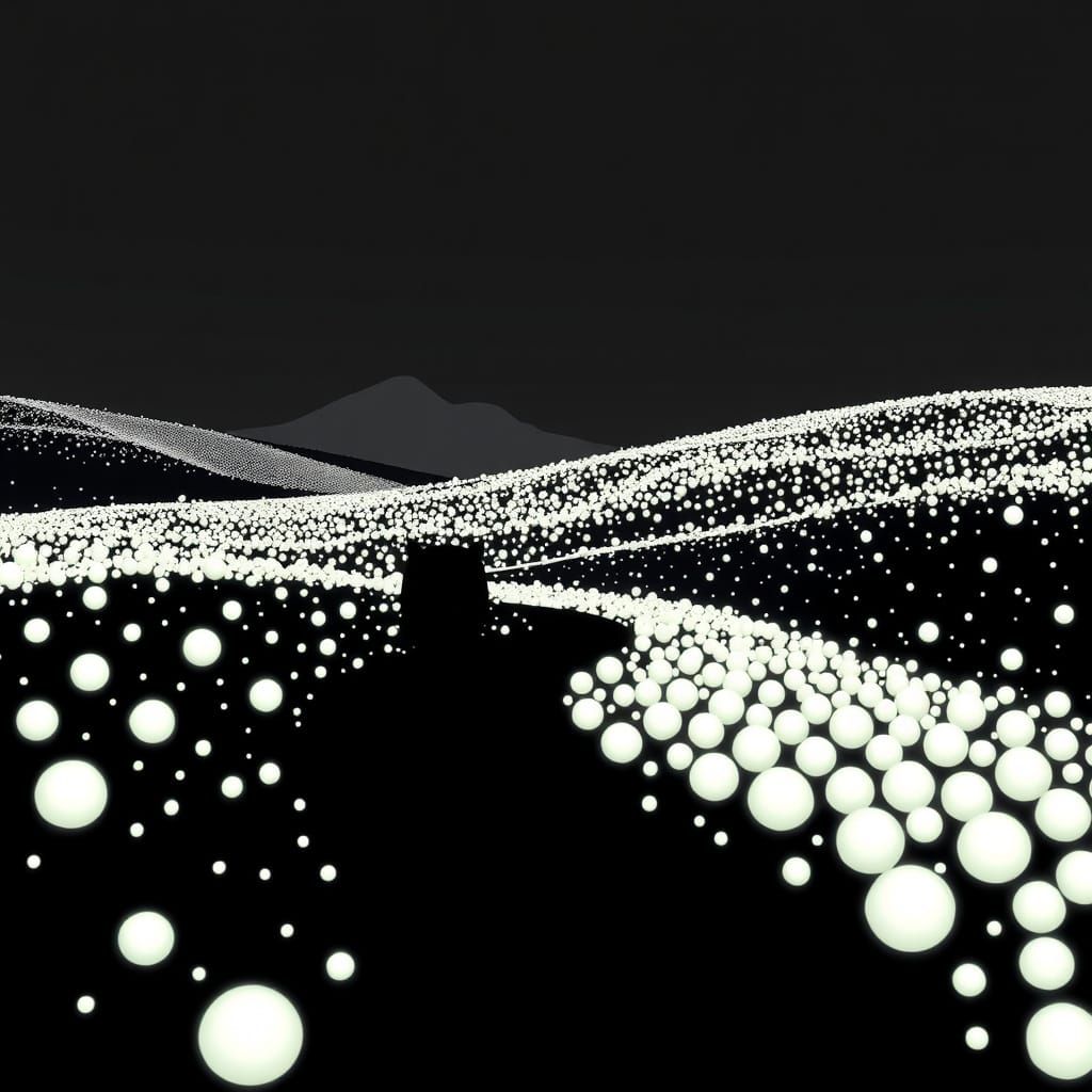 Surreal Cartoon Landscape with Glowing Dots and Ink Creature