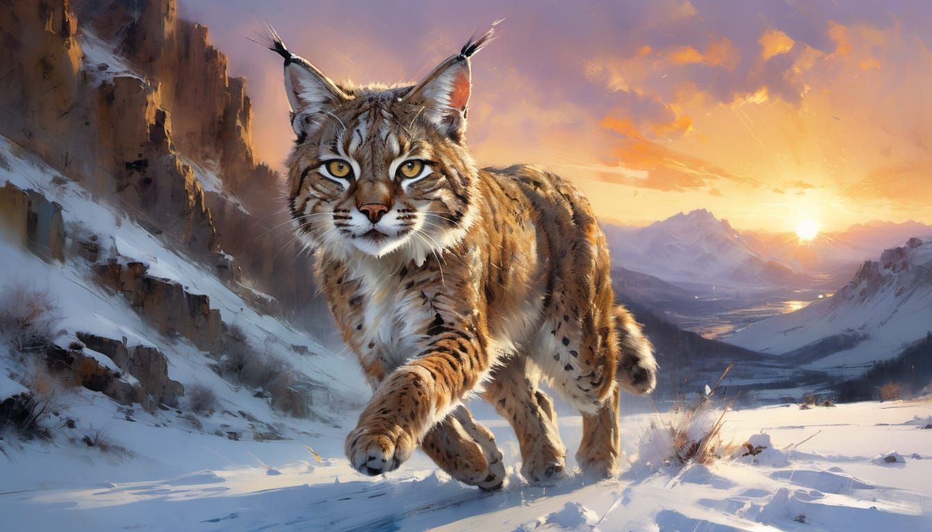 Bobcat Running in Snowy Sunset Landscape