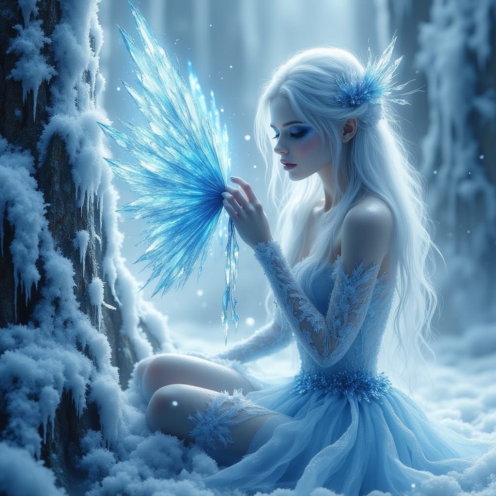 Crystallized Snow Fairy in a Dreamlike Landscape