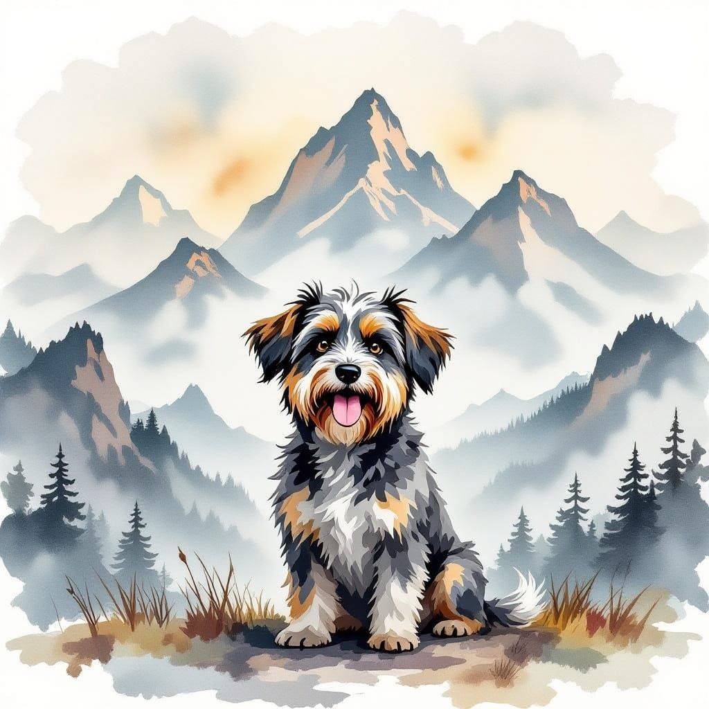Joyful Ancient Dog Overlooking Misty Mountains in Watercolor