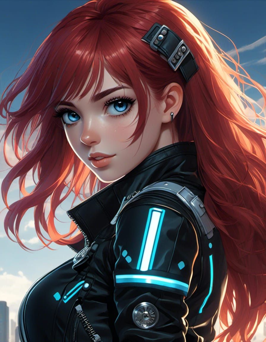 Shoulder up cartoon portrait of an animated girl with shorter brick red hair, blue eyes, somber facial expression wearin...