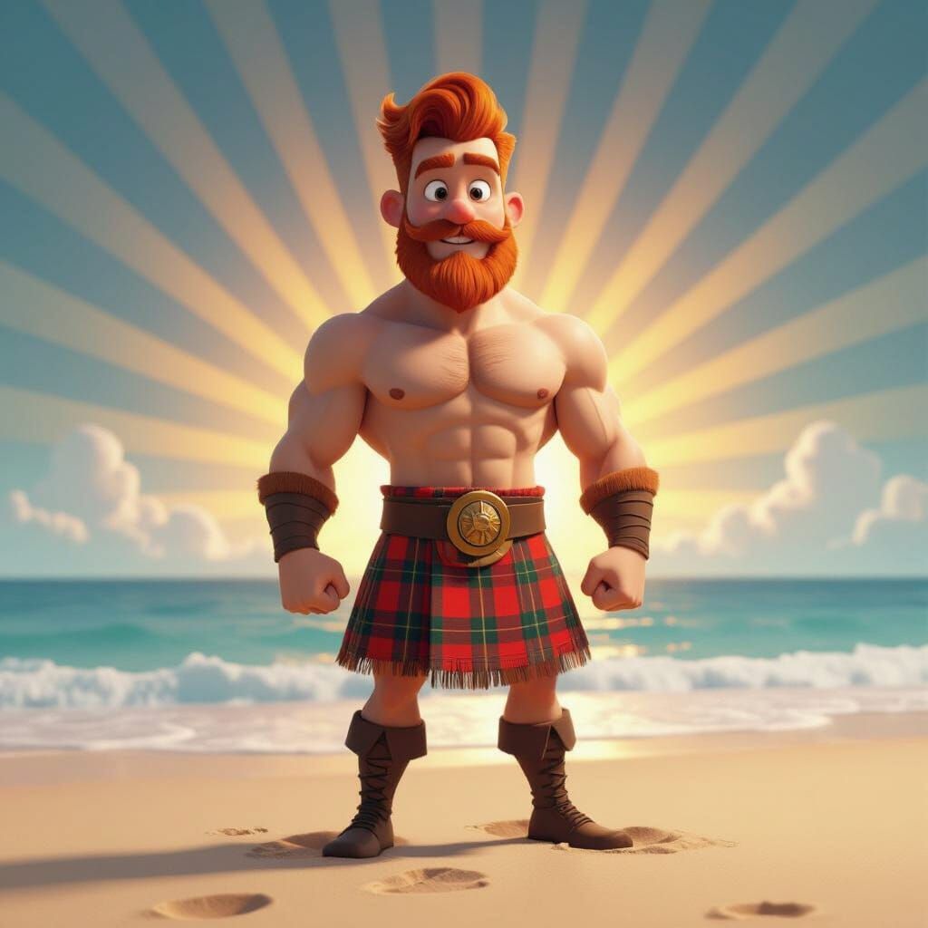 Muscular Man with Kilt on Sandy Beach in Pixar Style