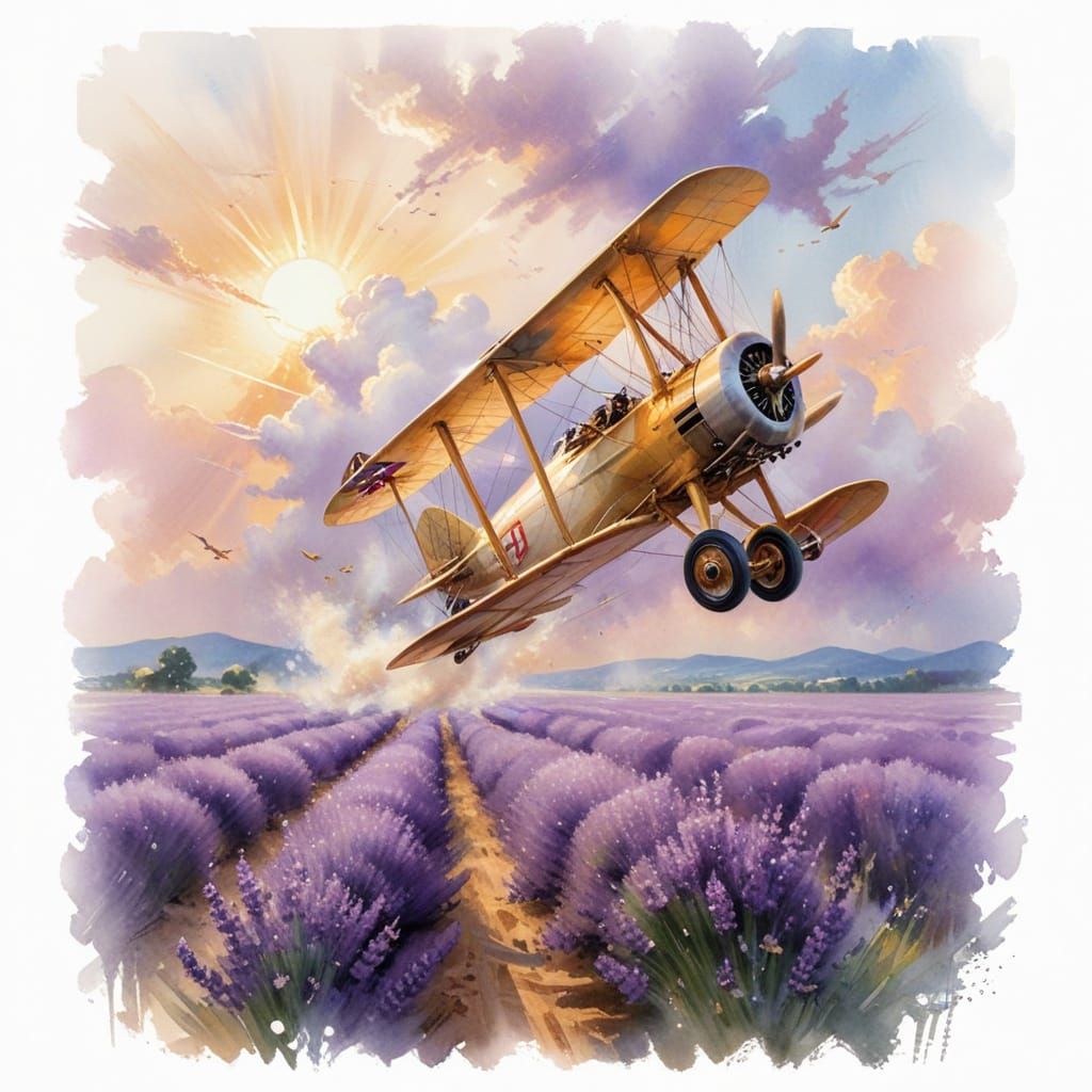 Biplane Over Lavender Fields at Sunset in Painterly Realism