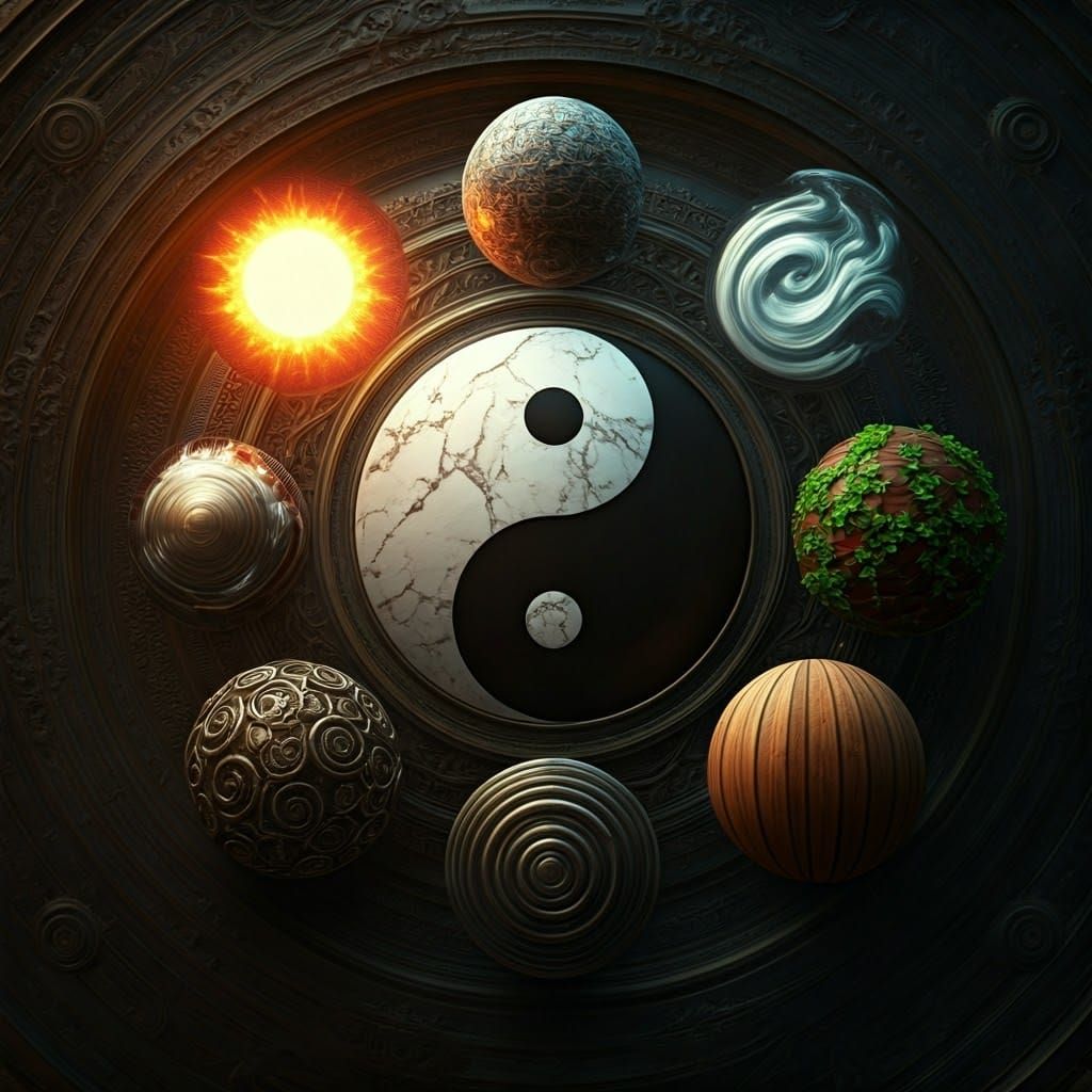 Yin-Yang Symbol with Orbs in Celestial Sphere