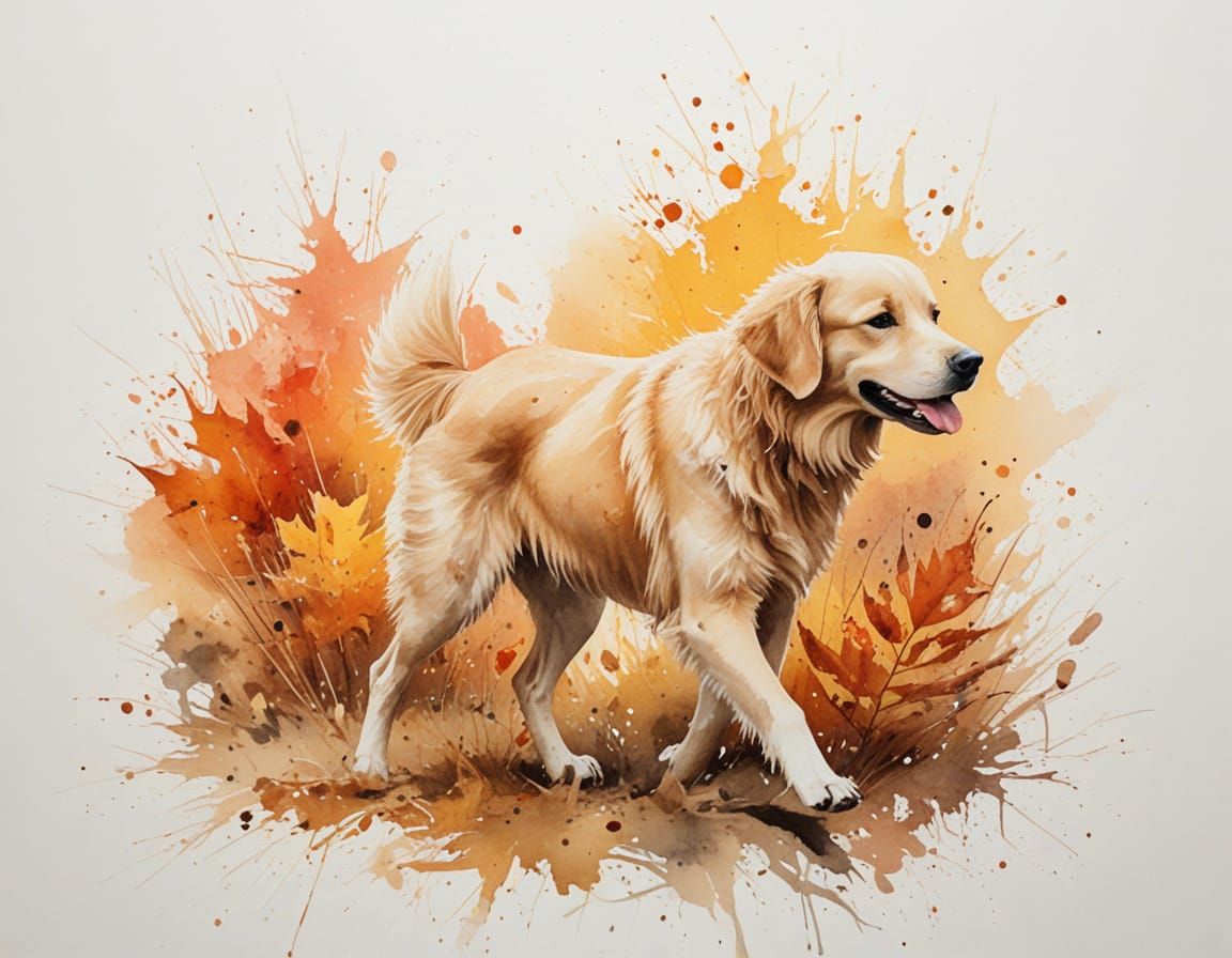 Golden Retriever in Autumn Forest Watercolor