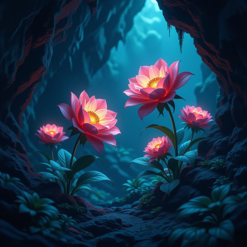 Glowing Flowers Bloom in a Dark Cave, Matte Painting