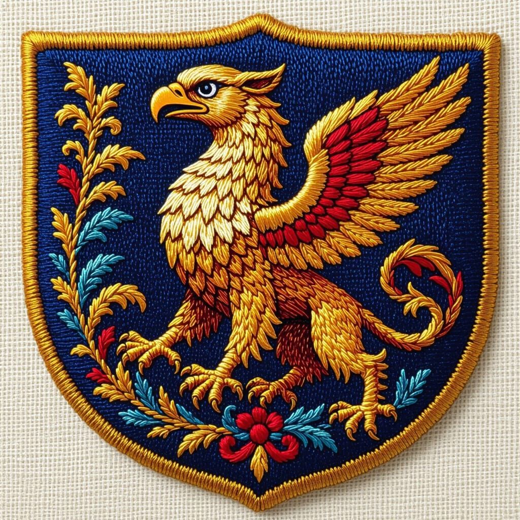 Curious Griffon Badge in Detailed Embroidery Style