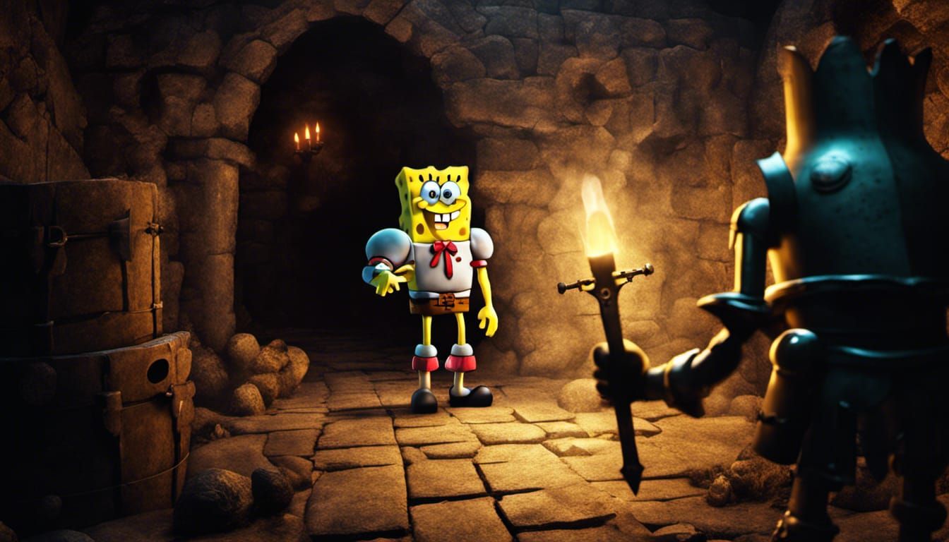 Spongebob Knight Exploring a Dark Dungeon