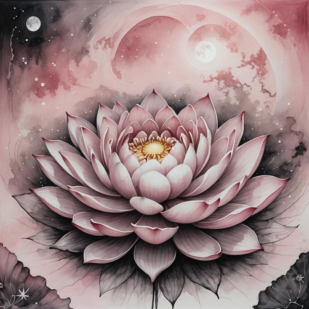 Glowing Yin Yang Lotus Flower in Surreal Light