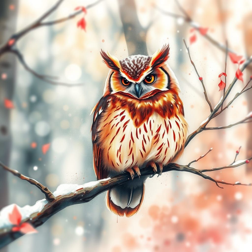 Whimsical Winter Owl in Vibrant Watercolor Splashes