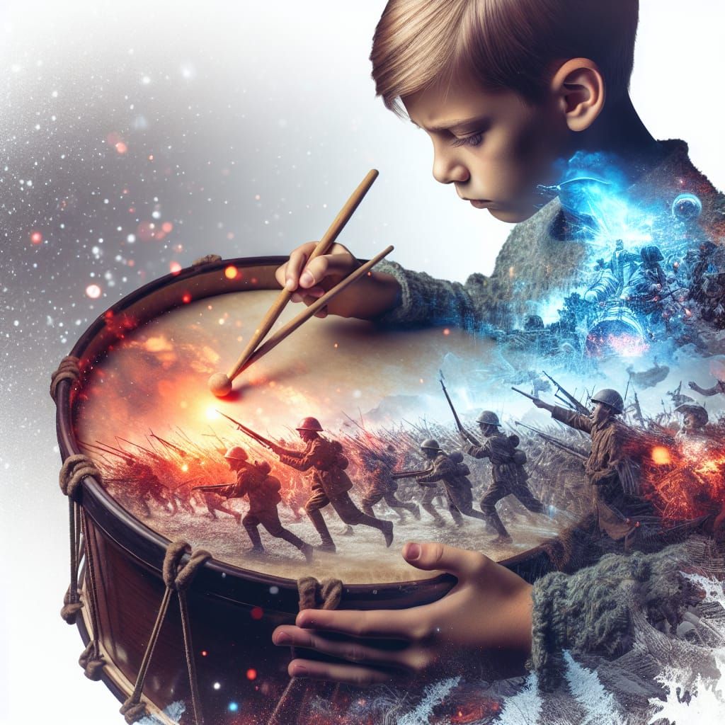 Boy Drumming War Scene in Double Exposure