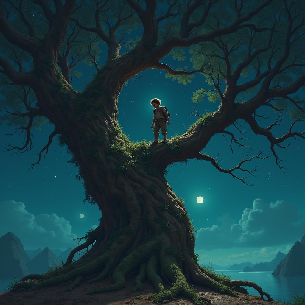 Boy Climbing Mango Tree Under Starry Night