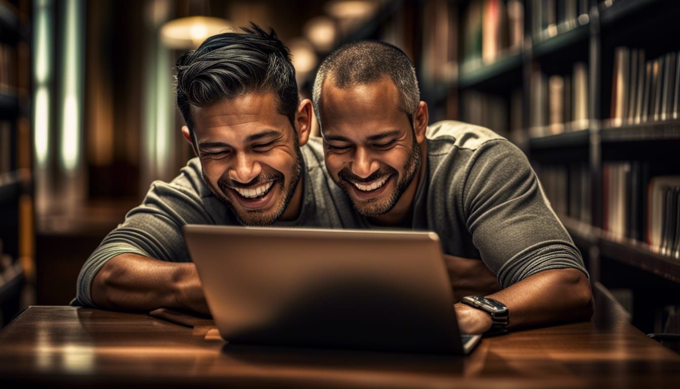 Joyful Latino Man Working on Laptop in Library