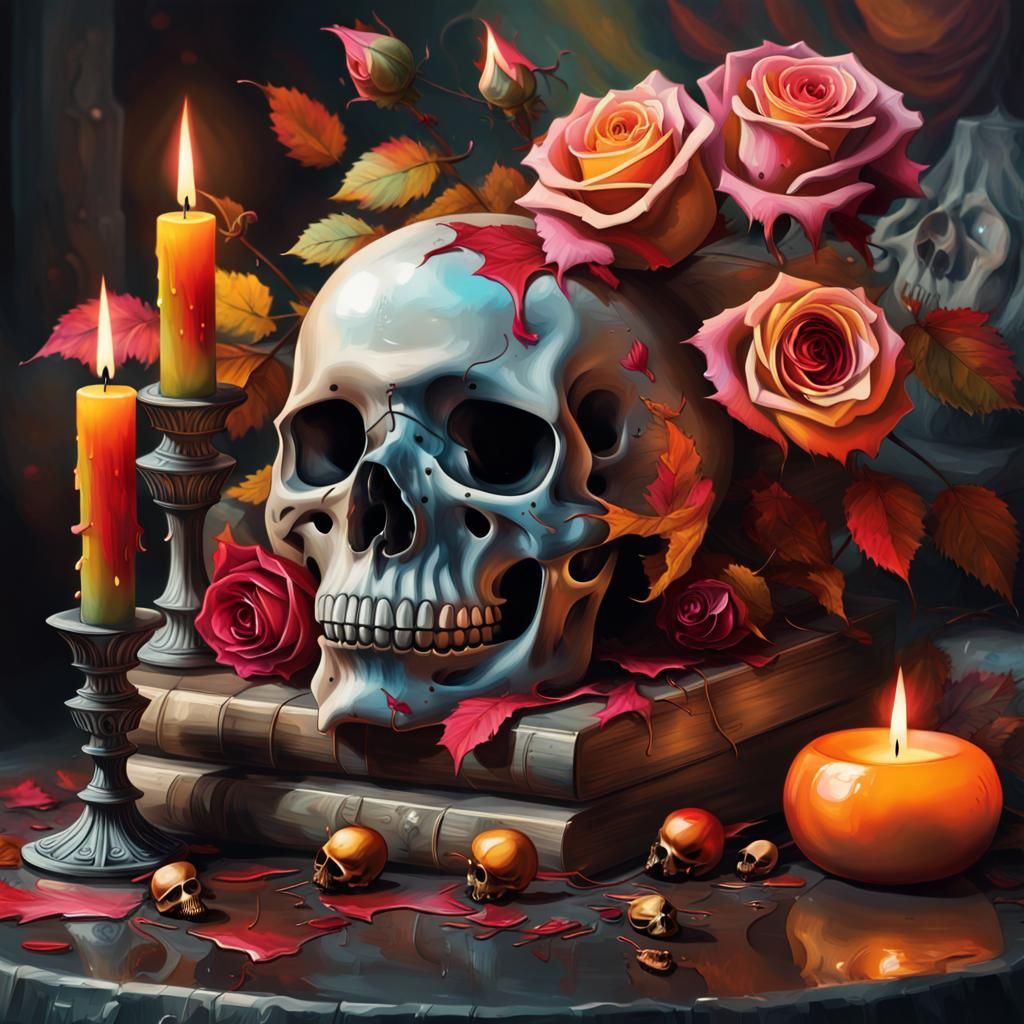 Dark Angelarium Still Life with Rose and Skull