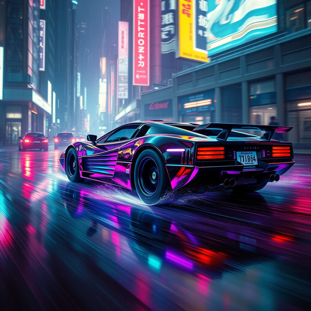 Futuristic Testarossa Speeding Through Cyberpunk Cityscape