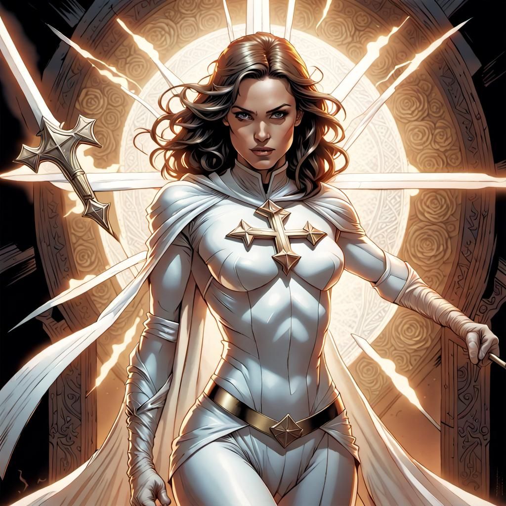 Elegant Superheroine Wields Holy Light Daggers