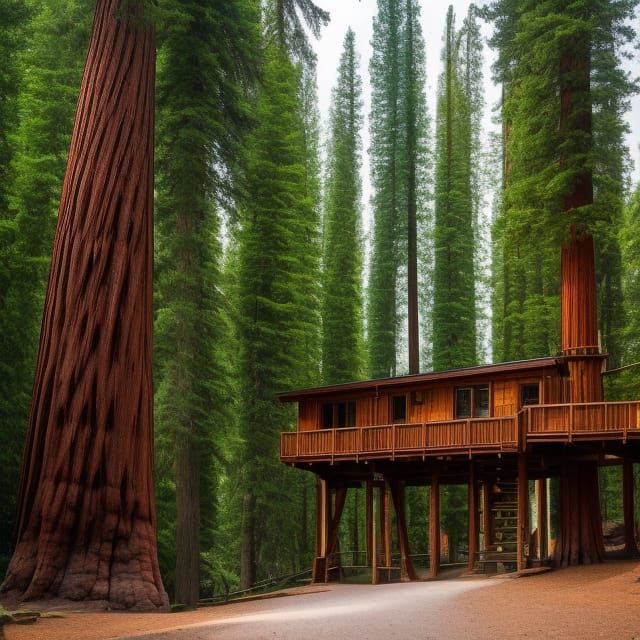 Sequoia Tree City at Dawn in Hyperrealistic Style