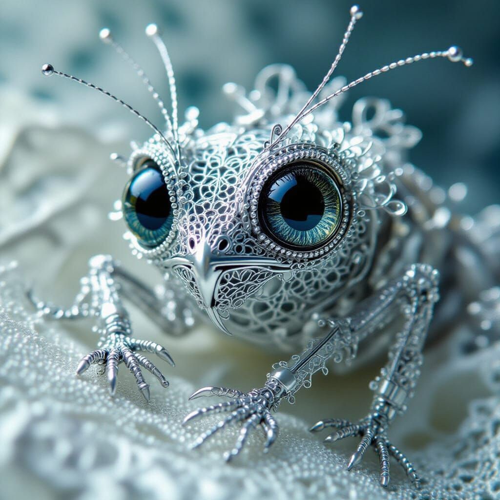 Intricate Silver Wire Creature with Unusual Eyes