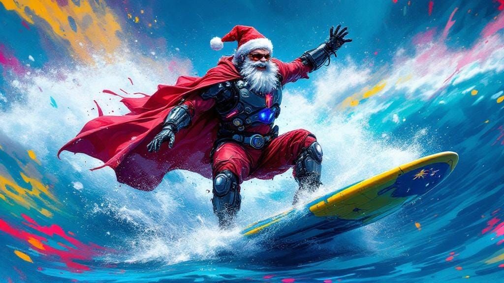 Cyberpunk Santa Surfing with Australian Flag