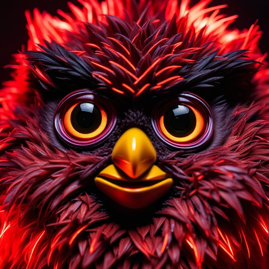 A furby's face in close-up, lit by intense red neon light ou...