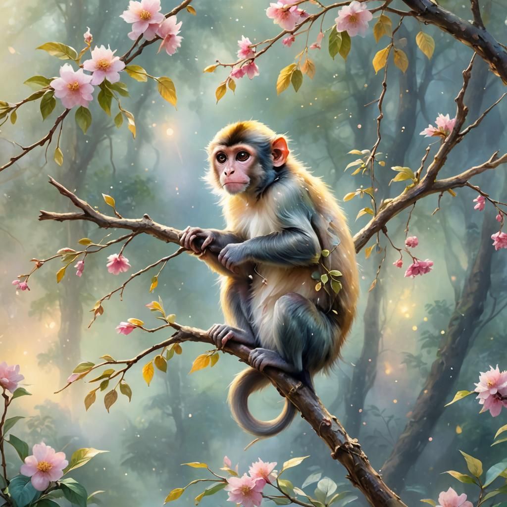 Enchanting Baby Monkey in Misty Forest, Watercolor Style