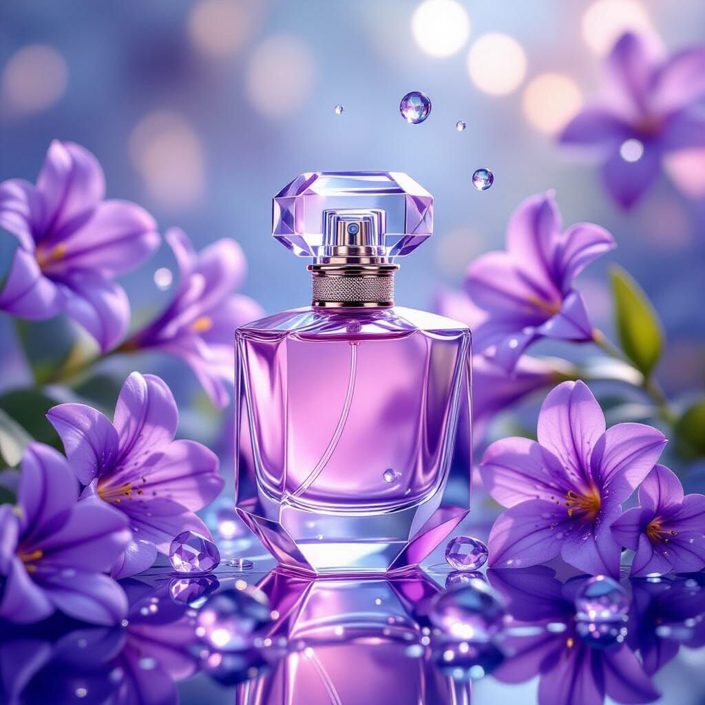 Crystal Perfume Bottle Amidst Lilac Flowers