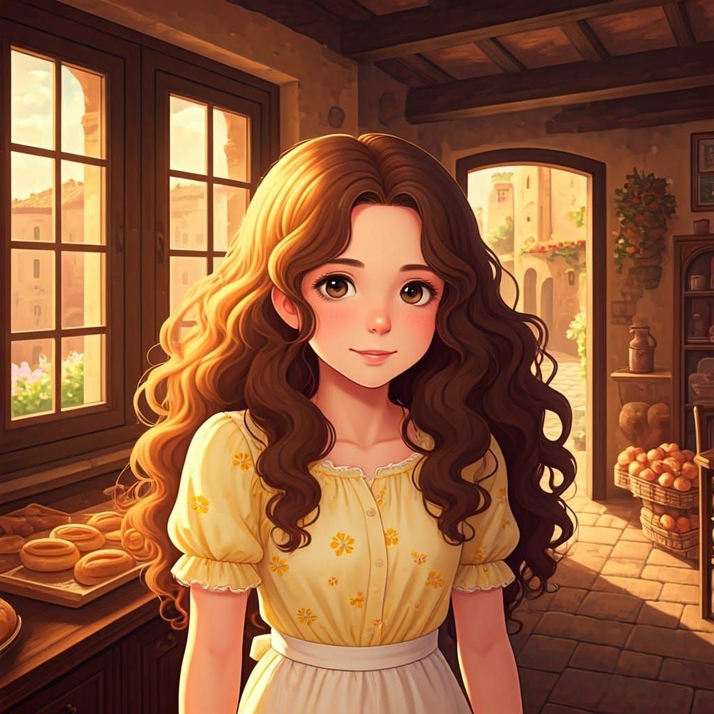 Girl Enters Italian Bakery: Anime-Style Concept Art