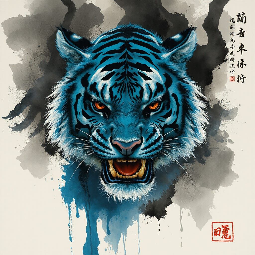 Mystical Blue Tiger Emerges from Korean Folklore