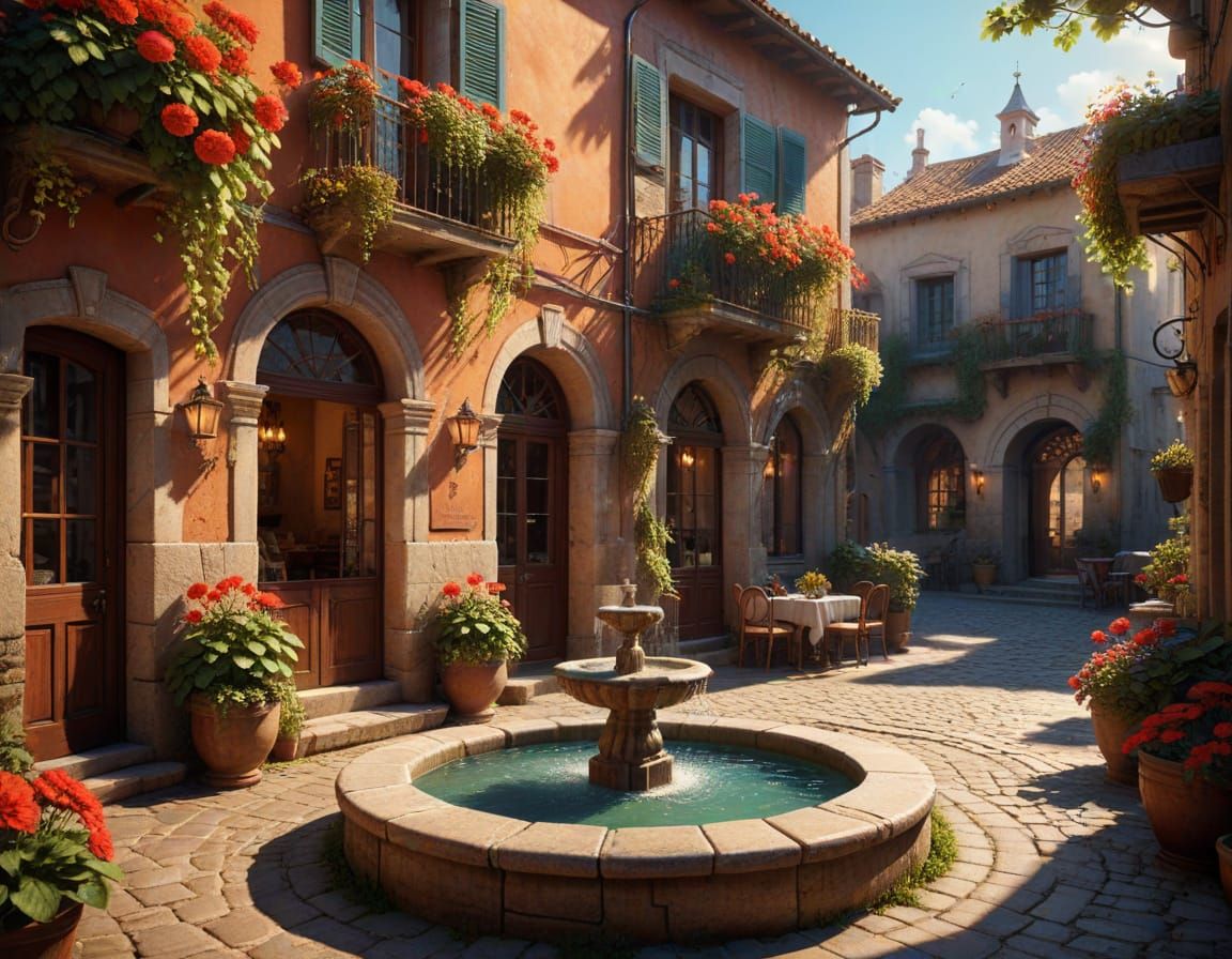 Charming Italian Piazza Scene with Café and Fountain