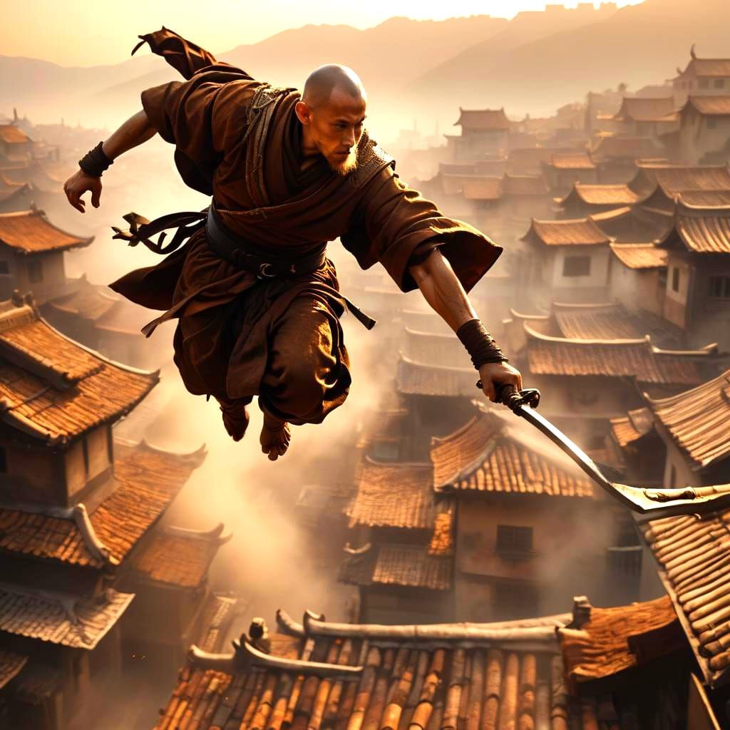 Hyperrealistic Warrior Monk Leaping Across Rooftops