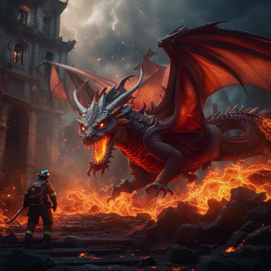 Magic Firefighters Battle Fire Dragon: Fantasy Concept Art
