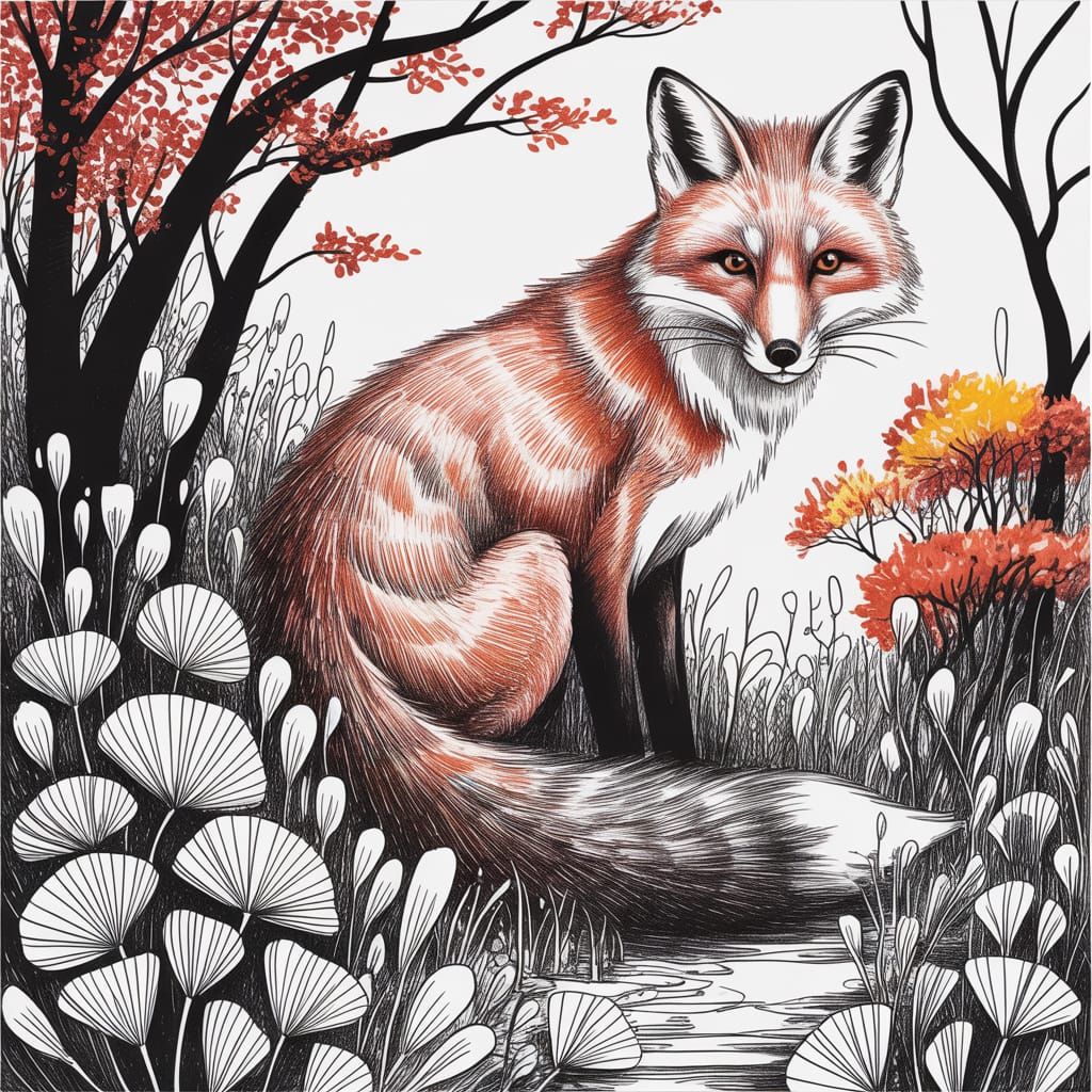 Ink on paper painting of a fox in an autumn forest. distinct...