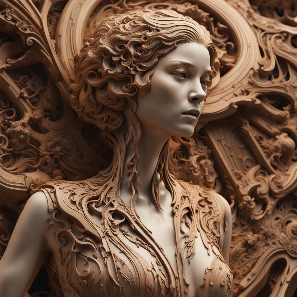 Detailed Wooden Woman Sculpture in 8K Resolution