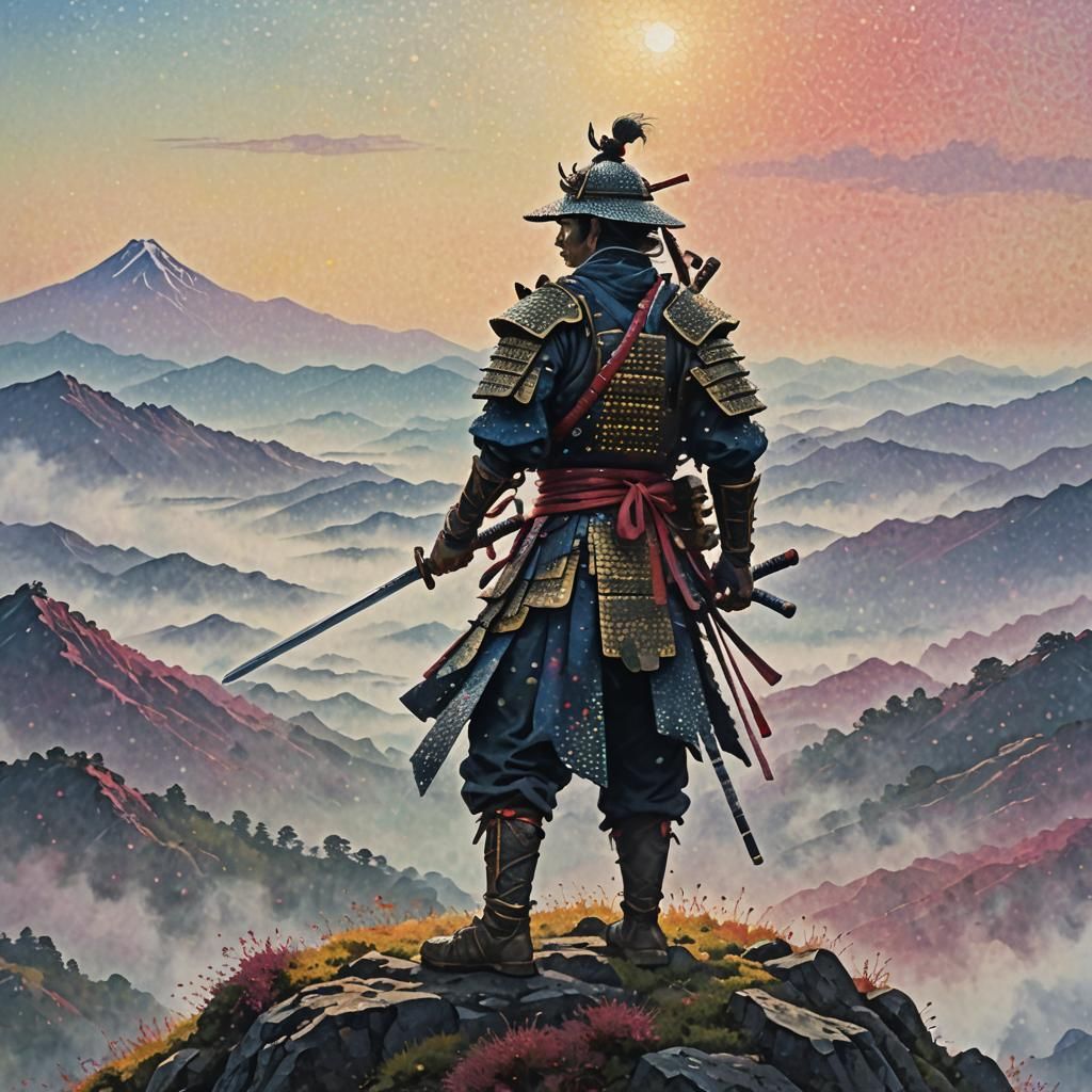 Samurai Warrior on Misty Peak in Pointillism Style