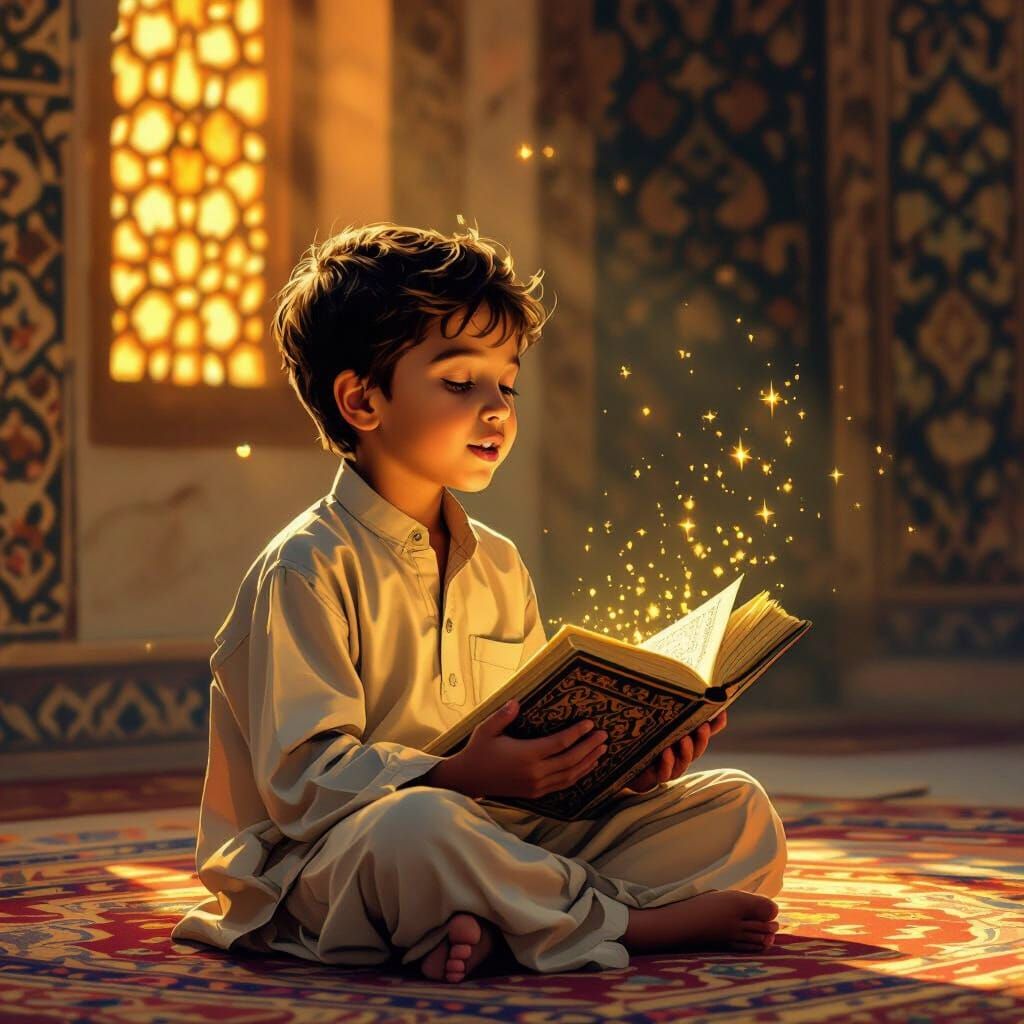 Boy Recites Quran in Golden Hour Islamic Miniature Style