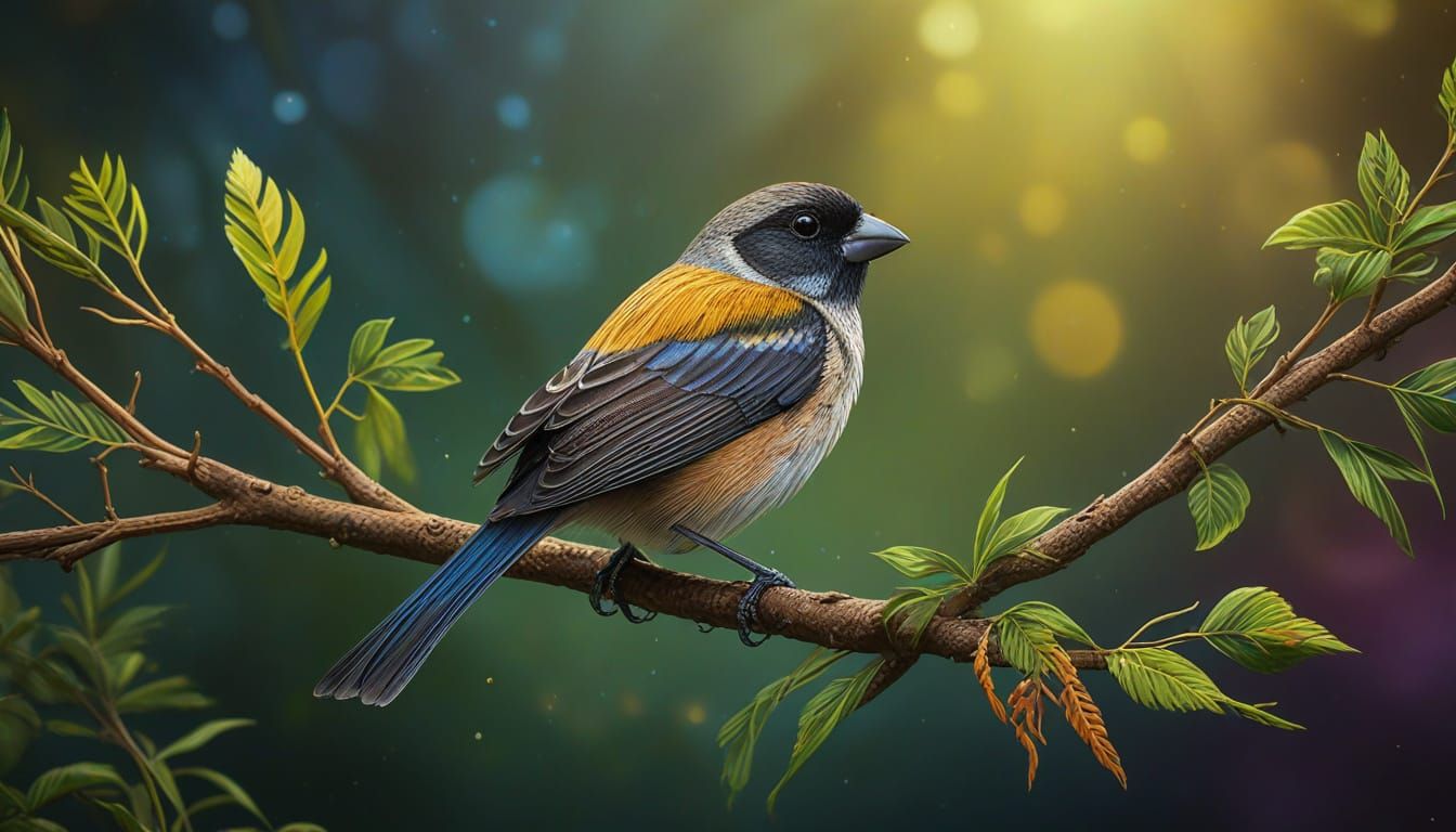 Yellow-Browed Seedeater Perched on Branch: Splash Art