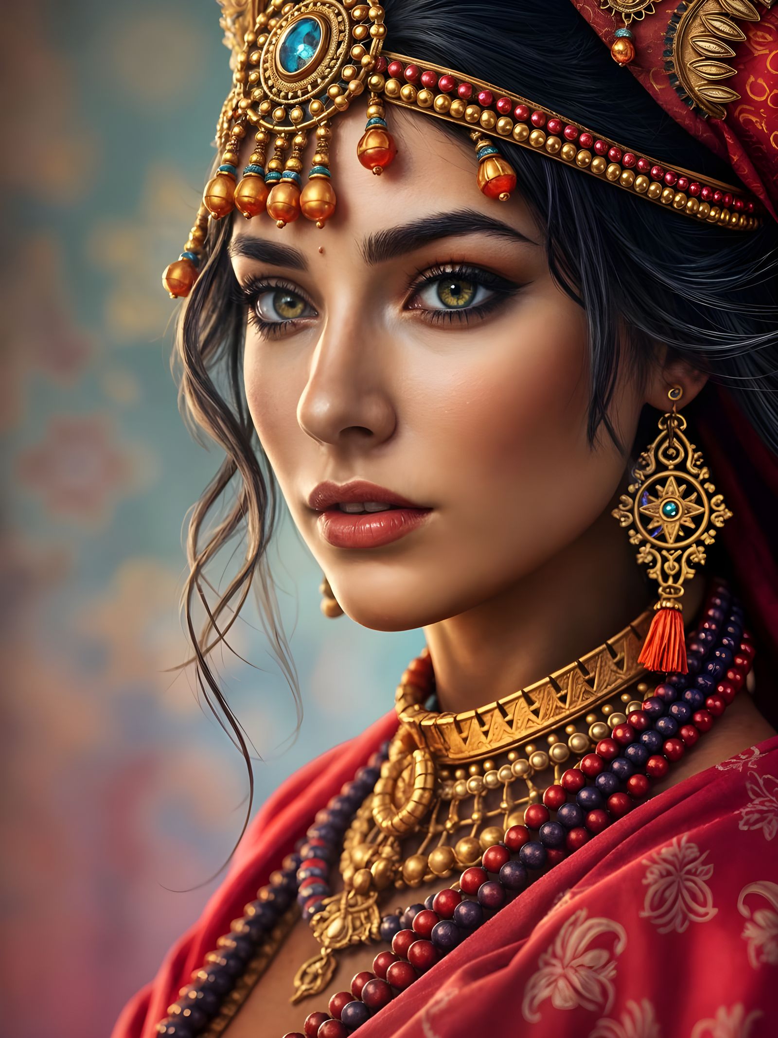 Hyperrealistic Gypsy Babylonian Goddess in Vibrant, Detailed...