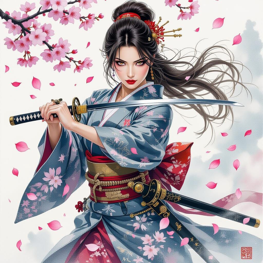 Steampunk Onna-Bugeisha with Katana in Watercolor Style