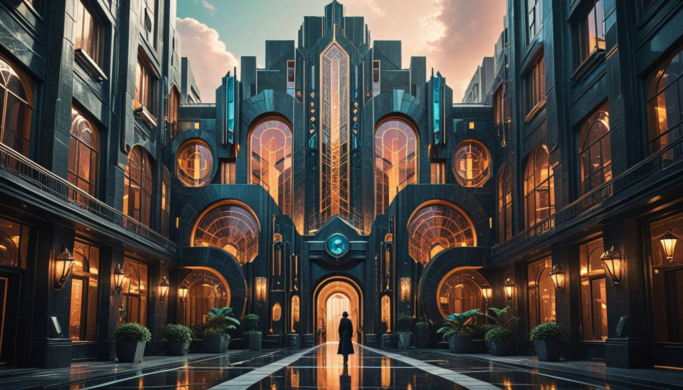 Glamorous Time Travelers Navigate Art Deco Urban Dreamscape...