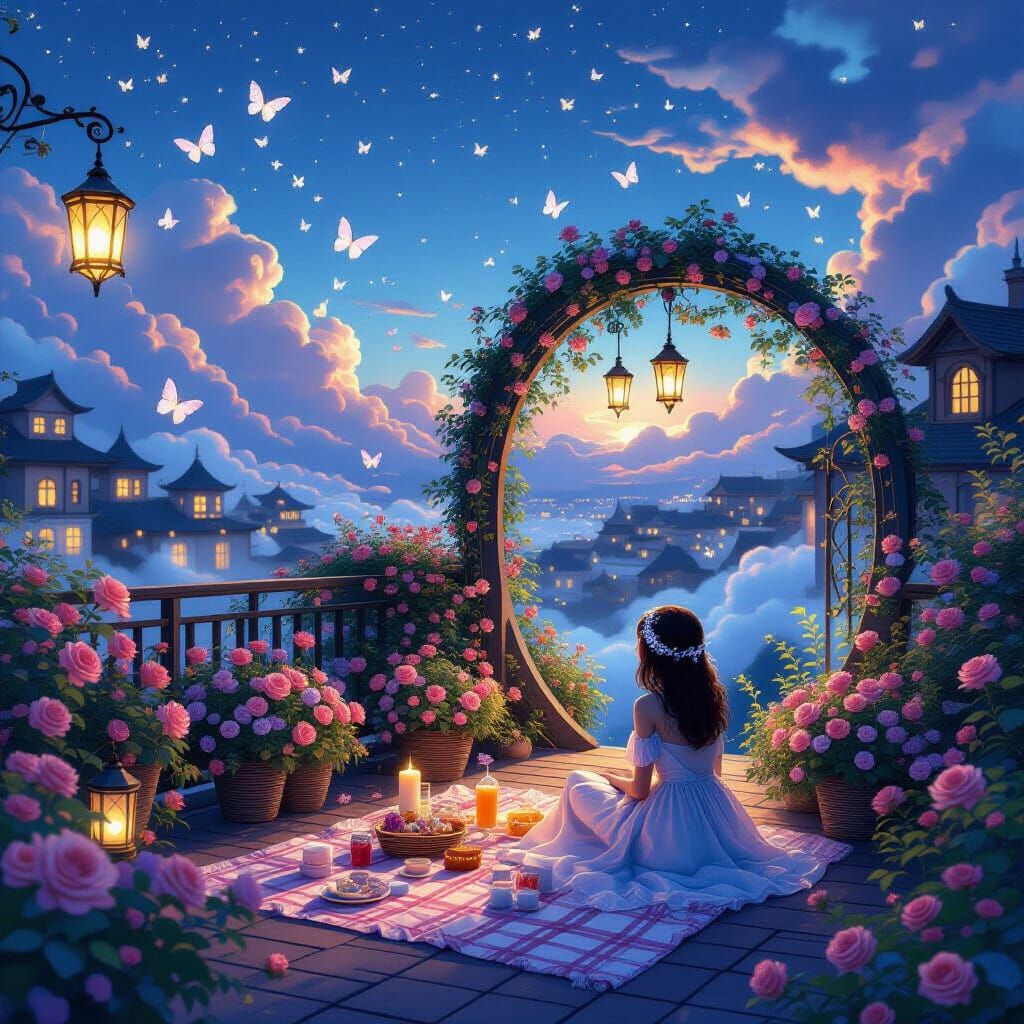 Picnic at dreamy rooftop garden and admiring the glow of sunset scenery...