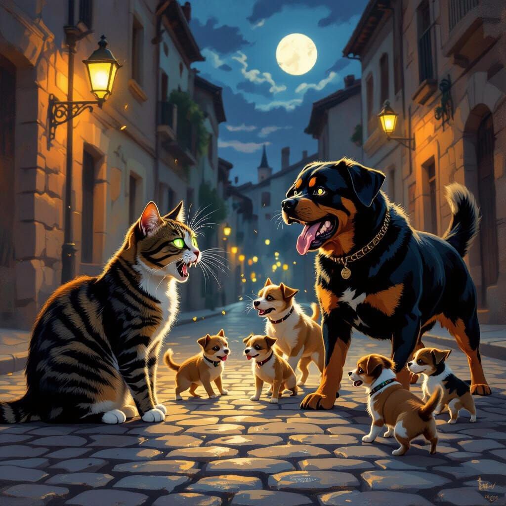 Cats vs Dogs Battle on Cobblestone Street