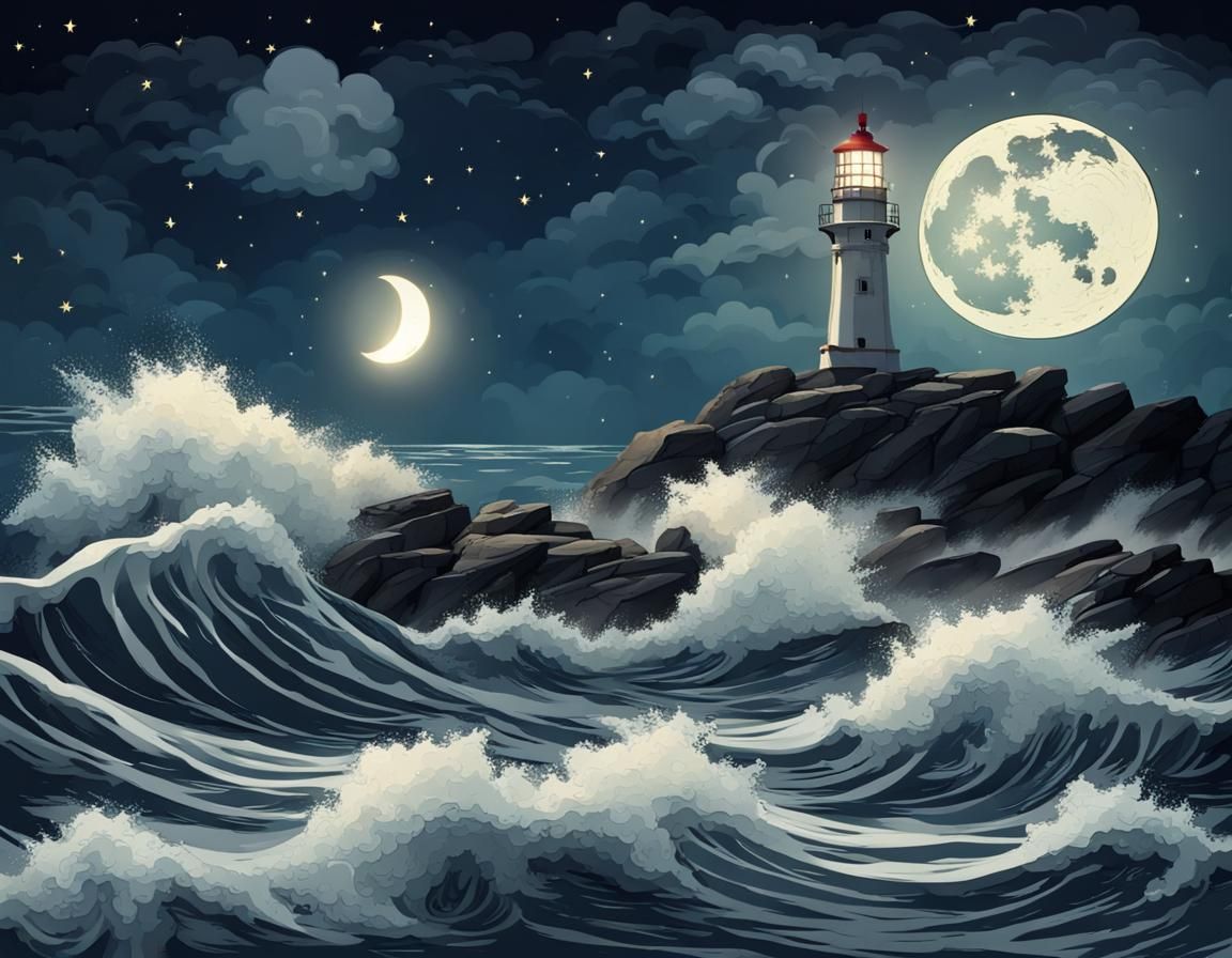 Illuminated Lighthouse at Night on Rocky Coast