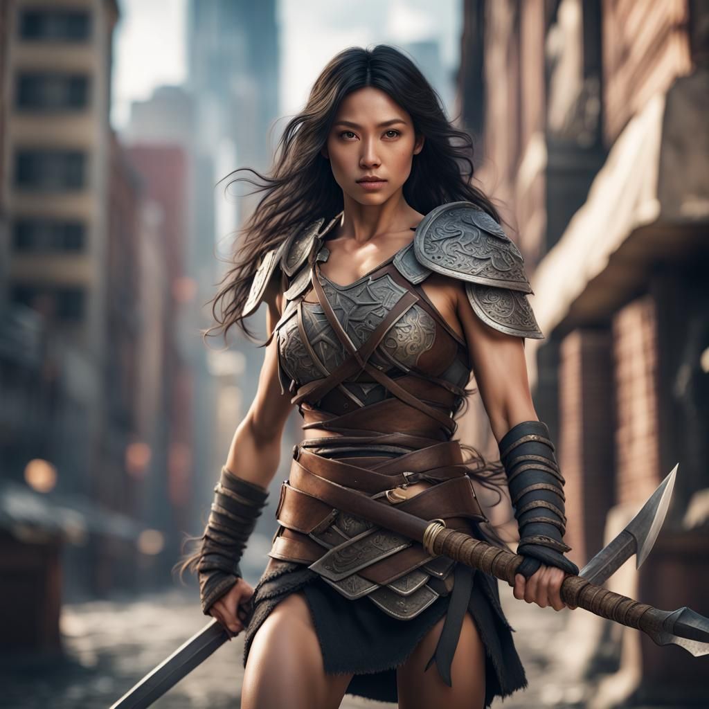 Stunning Asian Woman as Barefoot Barbarian Warrior in Citysc...