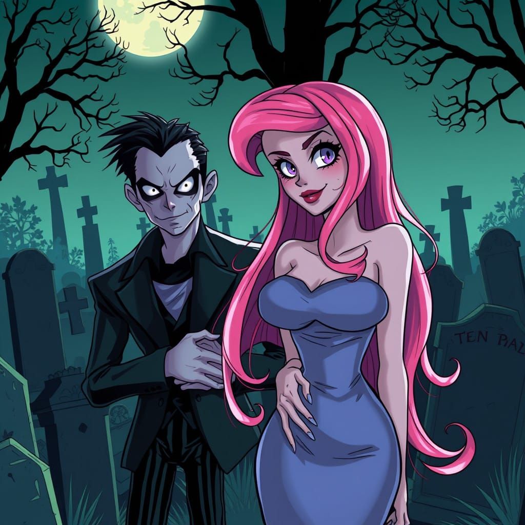 Tim Burton-Inspired Girl in Cemetery with Guardian